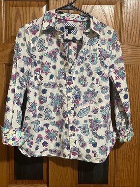 Talbots Cream Floral Button-Up Shirt with Teal & Purple Accents